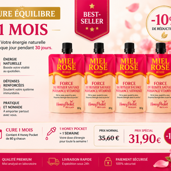 Honey Pocket – Miel Rose Premium (80 g) – 4 Honey pockets BEST SELLER ⭐️: cure 1 mois