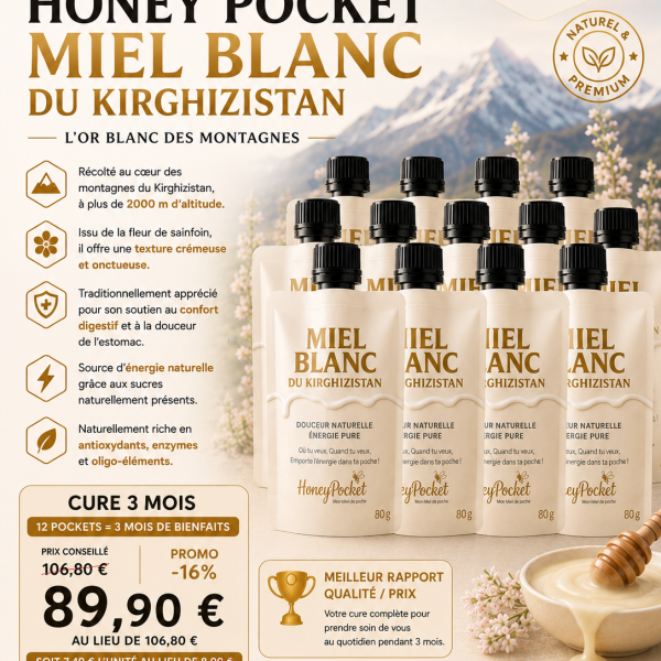 Honey Pocket – Miel Blanc du Kirghizistan (80 g) – 12 Honey Pockets : cure 3 mois